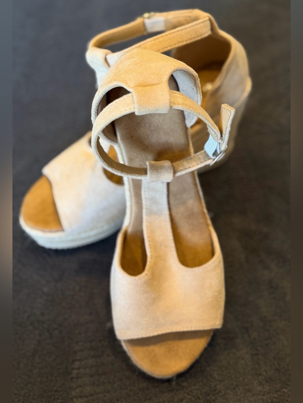 Women's Tan Suede T-Strap Wedge Sandals